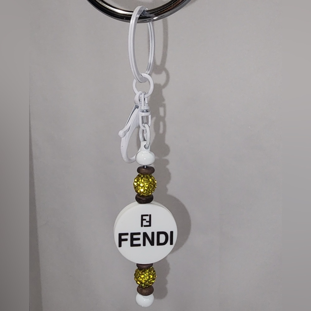 Fashion Fendi White and Gold Beaded Keychain Rhinestones